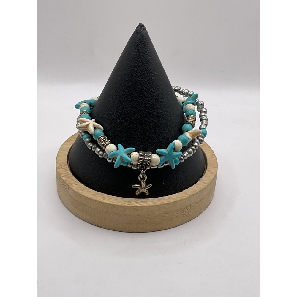 Starfish Charm Turquoise & White Beaded Bracelet Adjustable Chain